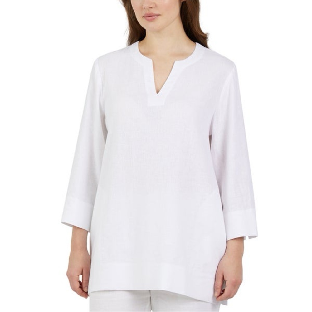 Lands’ End Women's Notch Neck Linen Blend Tunic Top, White/Small